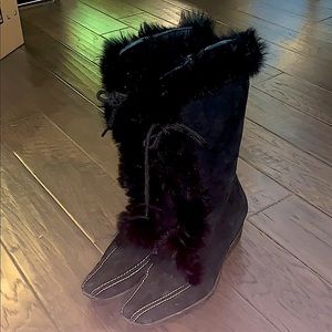Rabbit Fur Black Wedge Boots